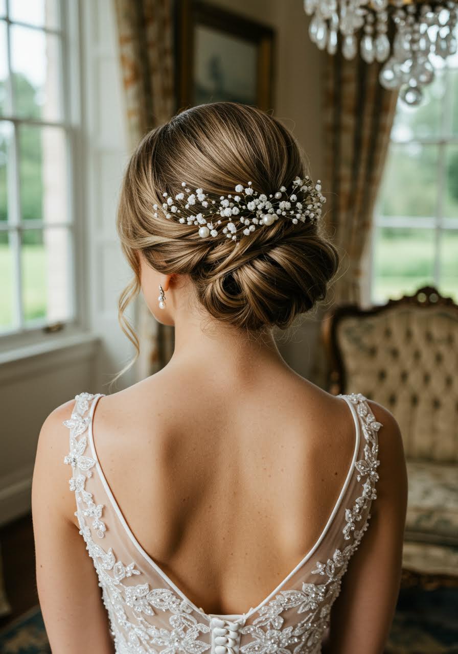 French twist bridal hairstyle bathed in soft morning light
