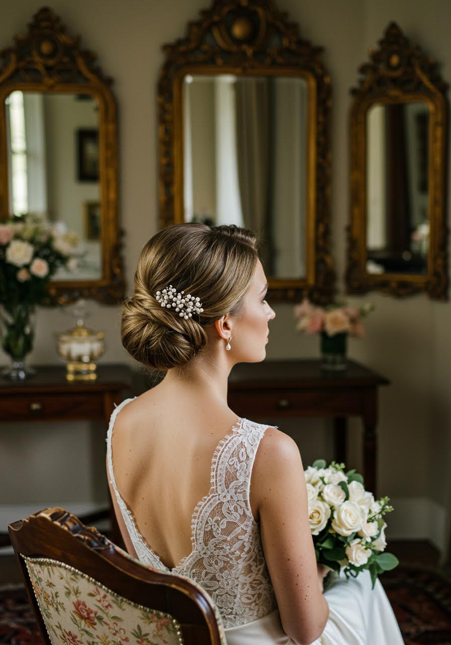 Timeless bridal chignon capturing formal wedding elegance