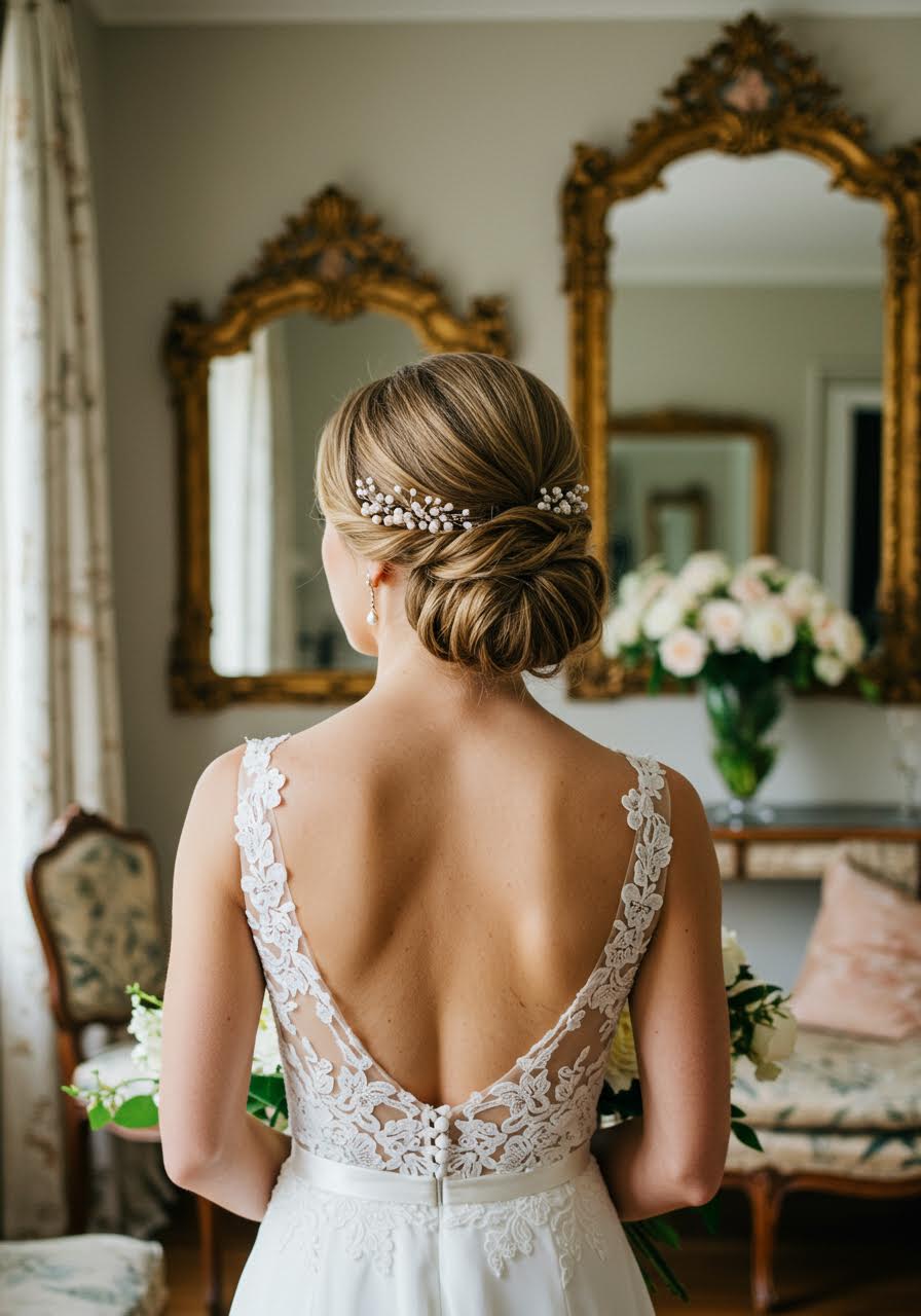 Elegant bride with classic chignon updo in luxurious bridal suite