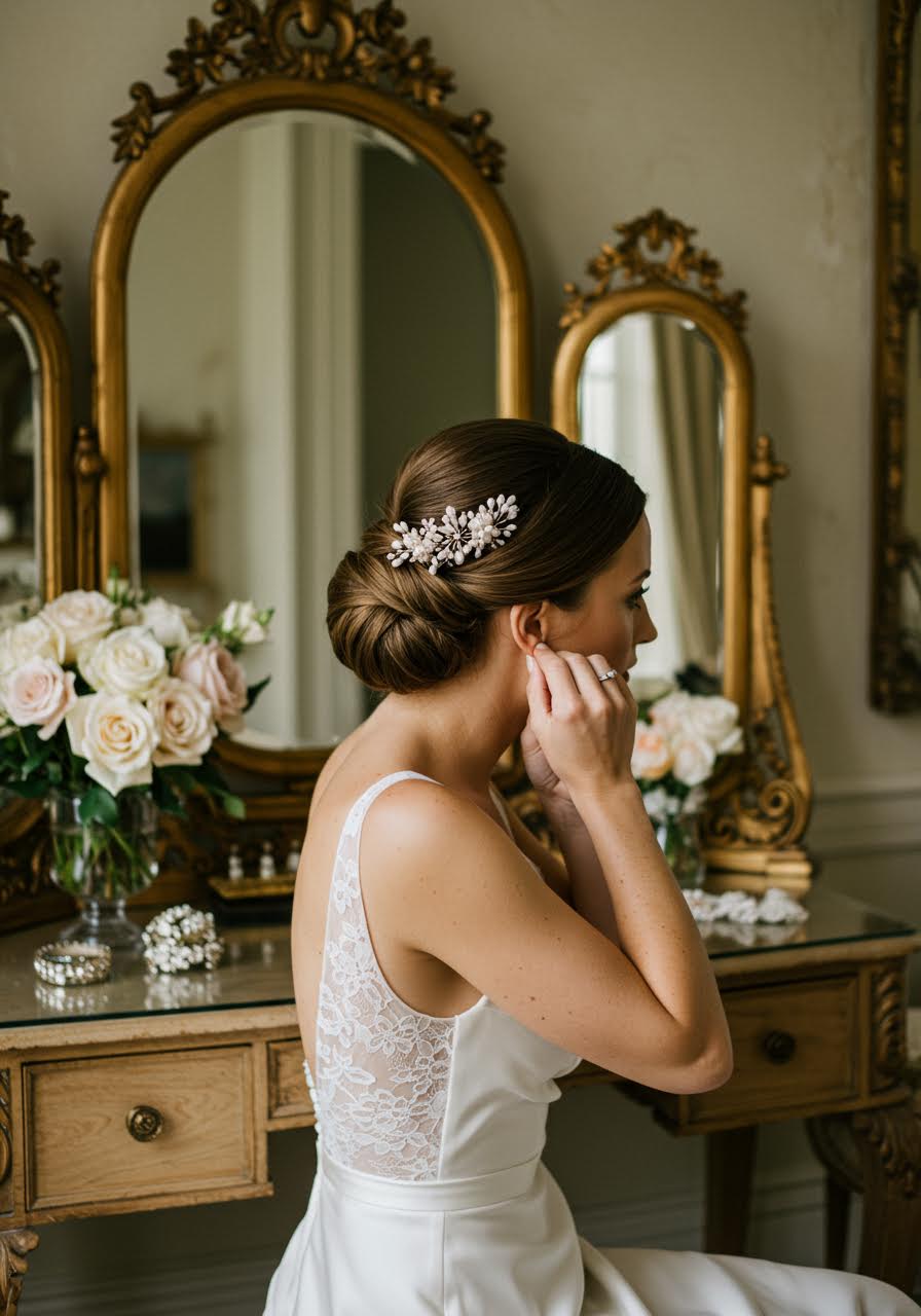Sophisticated low chignon wedding hairstyle with delicate hair accessories