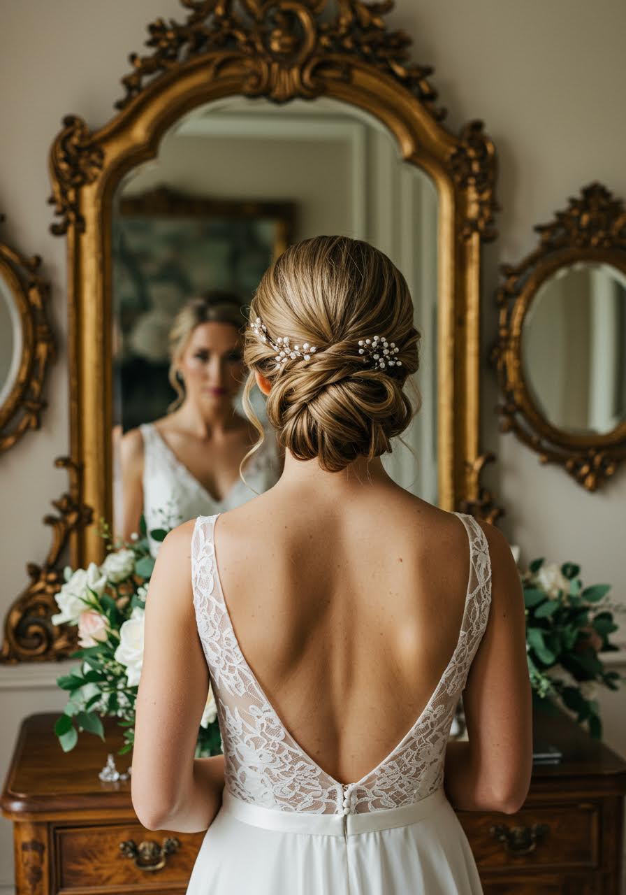 Classic updo wedding hairstyle in refined bridal portrait setting