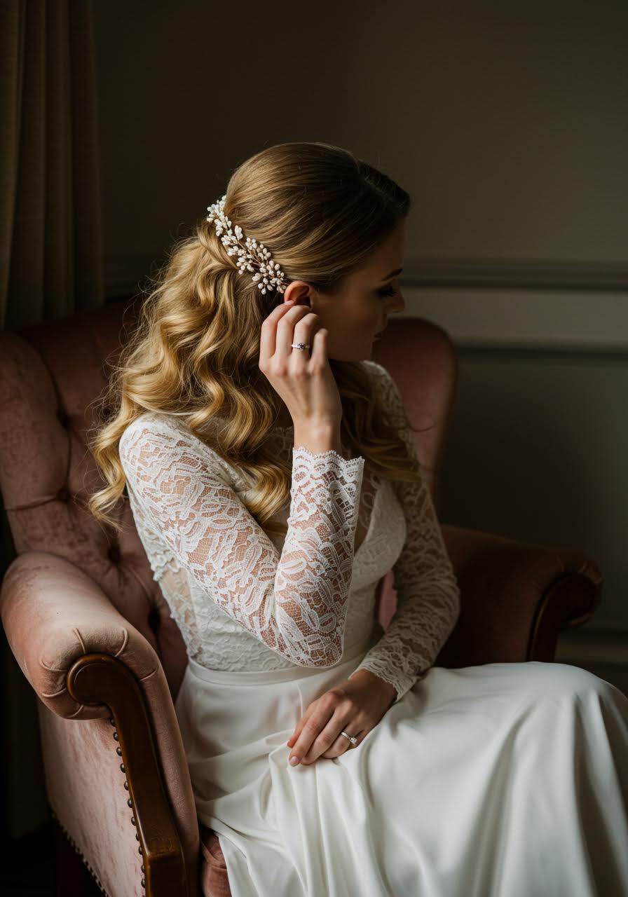 Textured wave hairstyle adorned with delicate bridal accessories