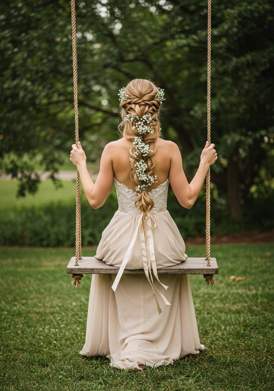 Detailed crown braid wedding hairstyle with garden backdrop
