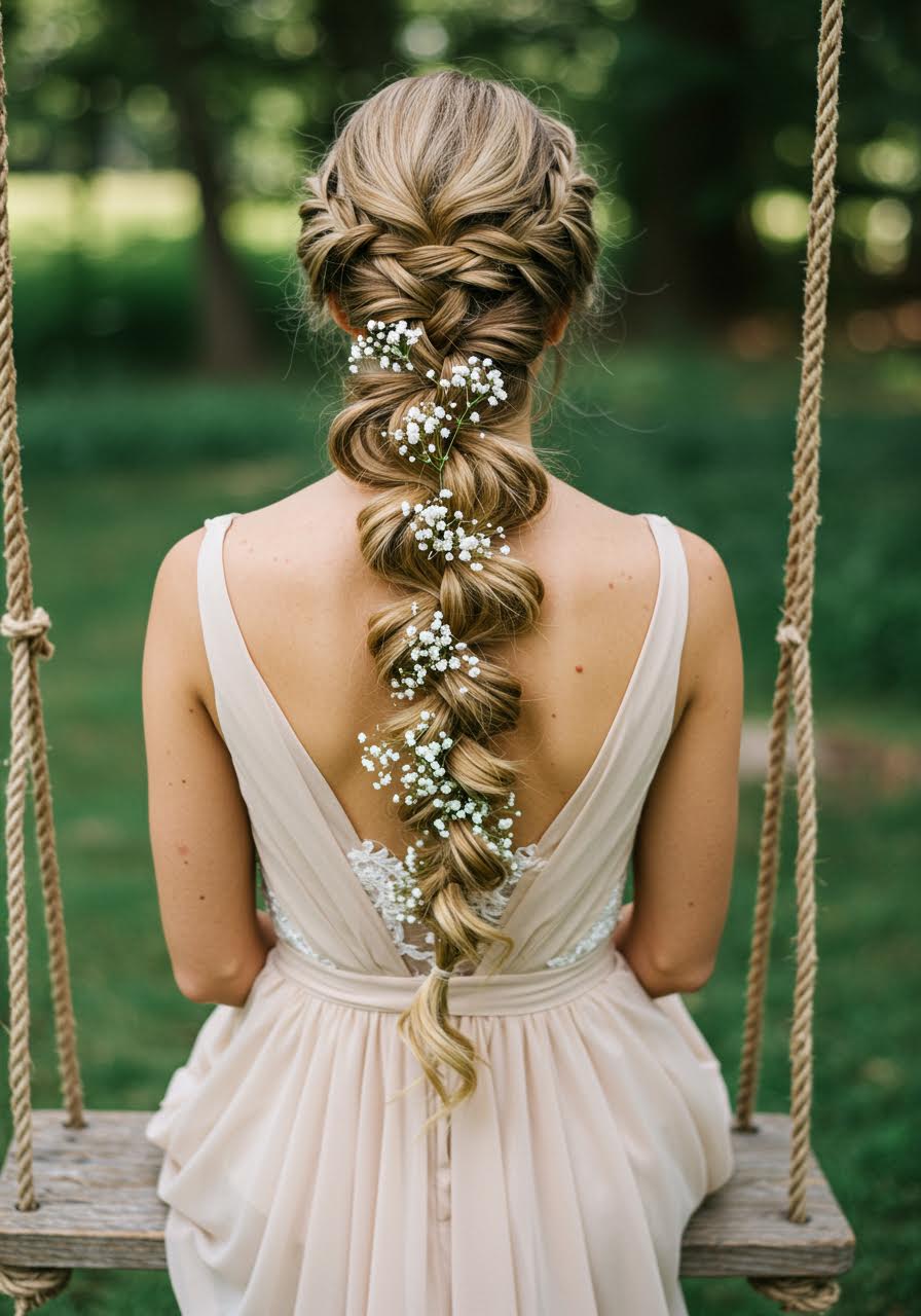 Intricate fishtail crown braid in rustic garden wedding