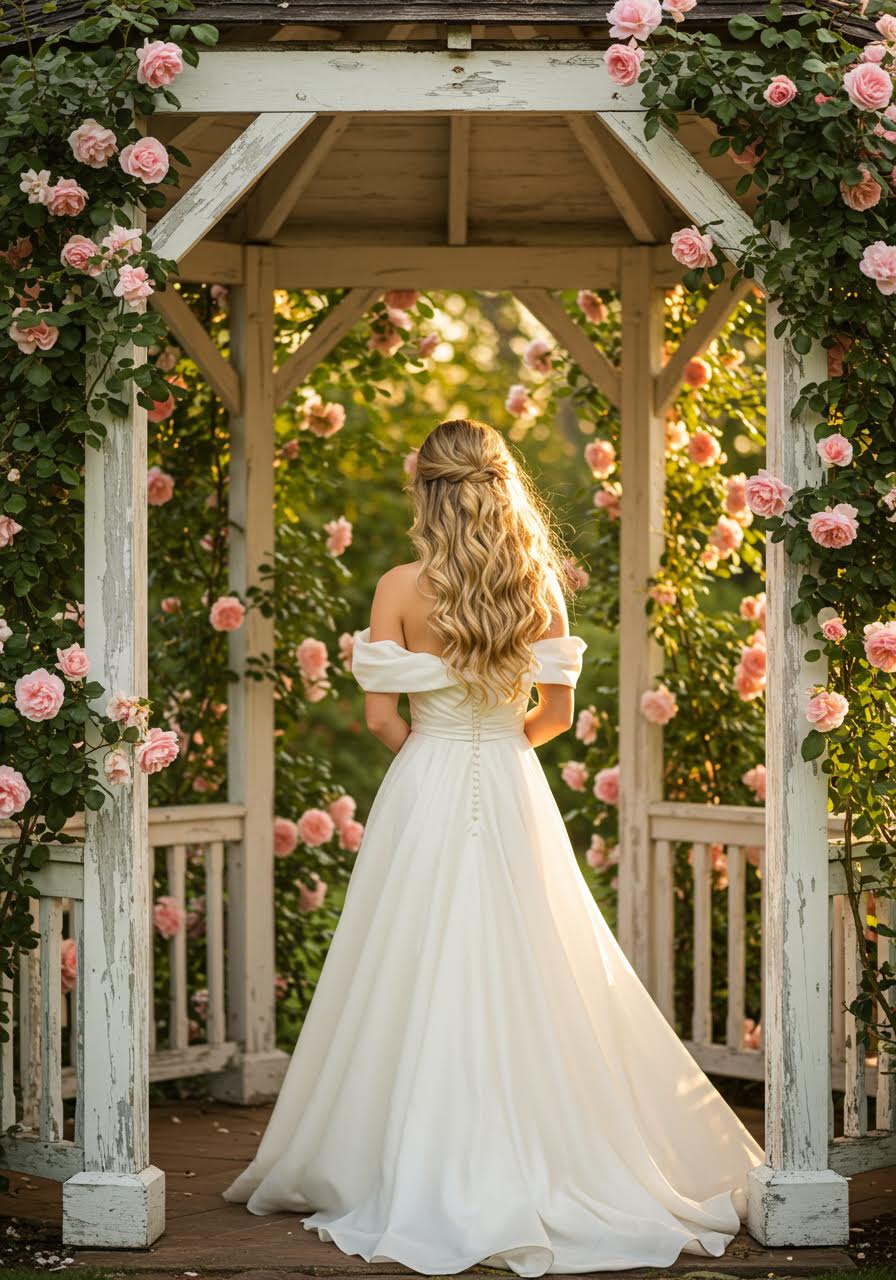 Bride with flowing waves in romantic garden wedding setting