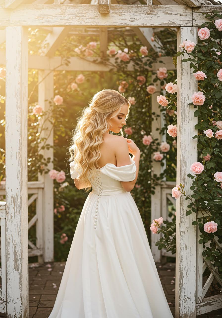 Loose wave wedding hairstyle among blooming garden flowers