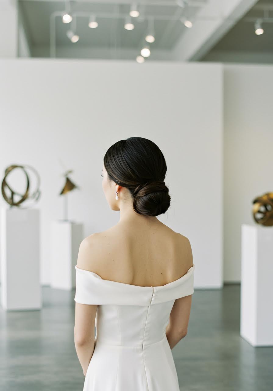 Sleek low bun hairstyle in modern minimalist gallery setting