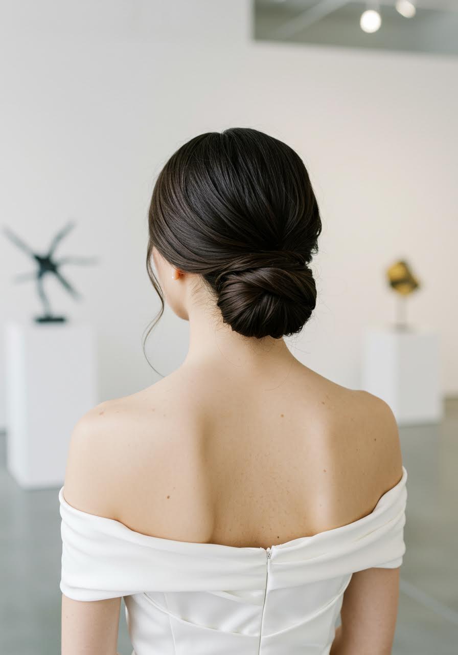 Contemporary low bun wedding style in artistic venue
