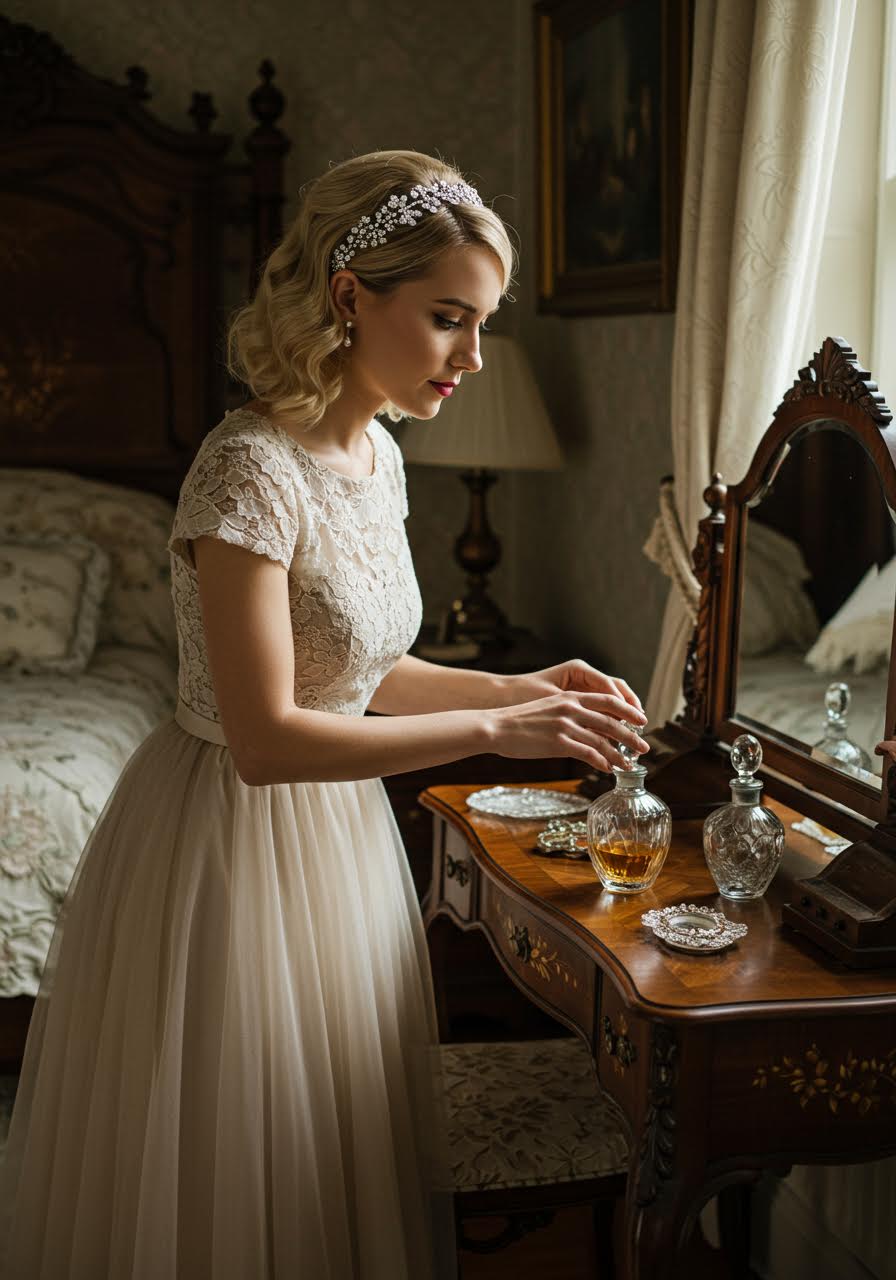 Ornate Victorian bridal hair with delicate morning light details