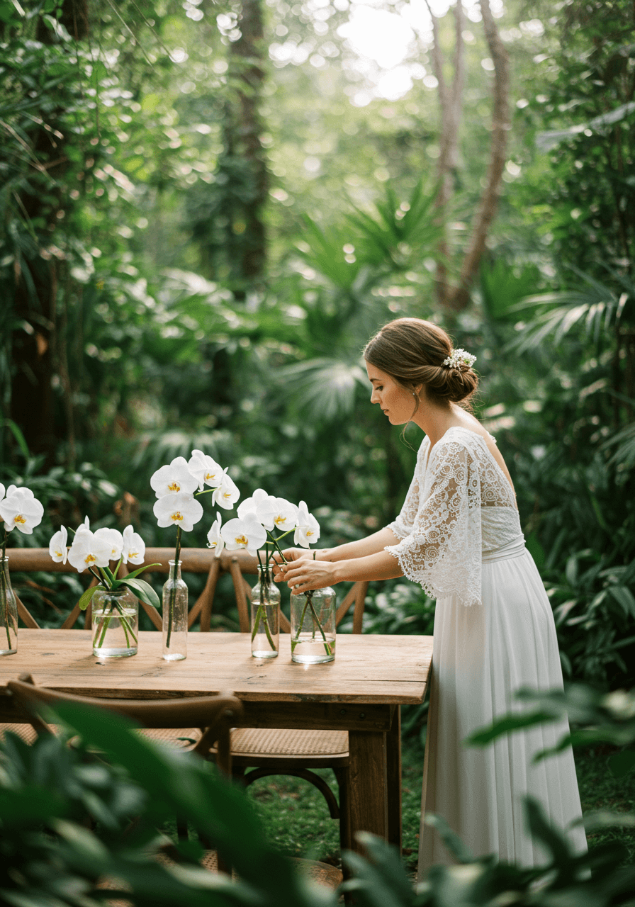 Bohemian bride arranging simple white orchid centerpiece on natural wood table in lush jungle setting