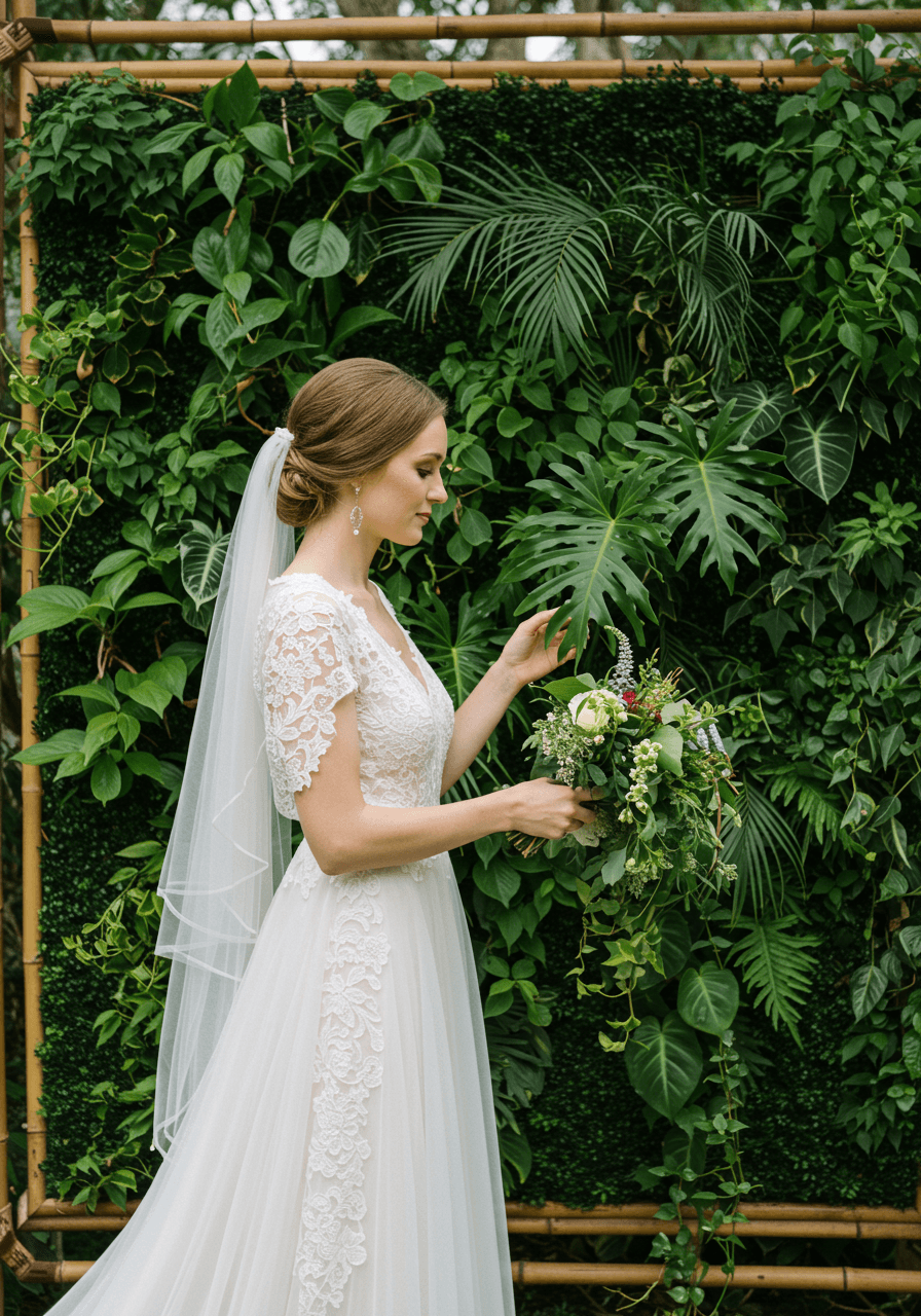 Close-up of bride touching tropical fern wall installation in soft morning light