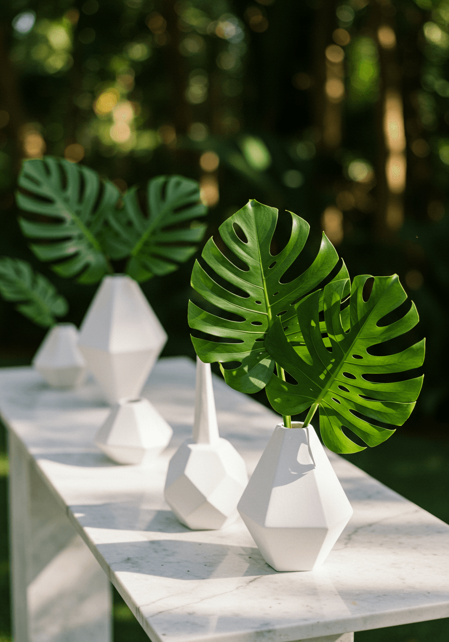 Clean-lined monstera leaves in geometric white ceramic vases on white marble altar in jungle ceremony space