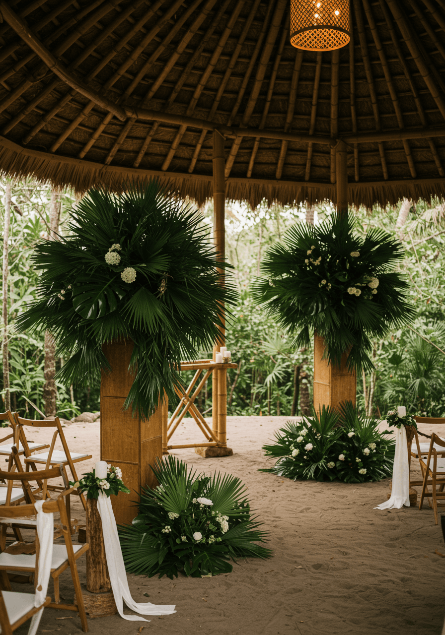 Large organic palm frond arrangements on rustic wooden pedestals flanking bamboo altar in open-air jungle pavilion