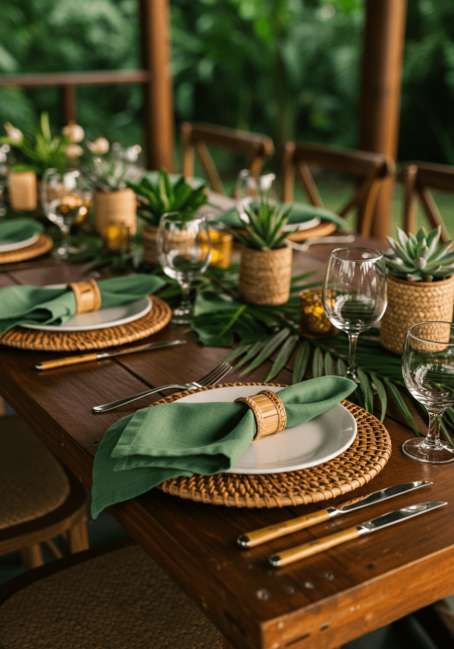 Elegant bamboo chargers and tropical leaf napkin rings on wooden farm table in open-air jungle pavilion