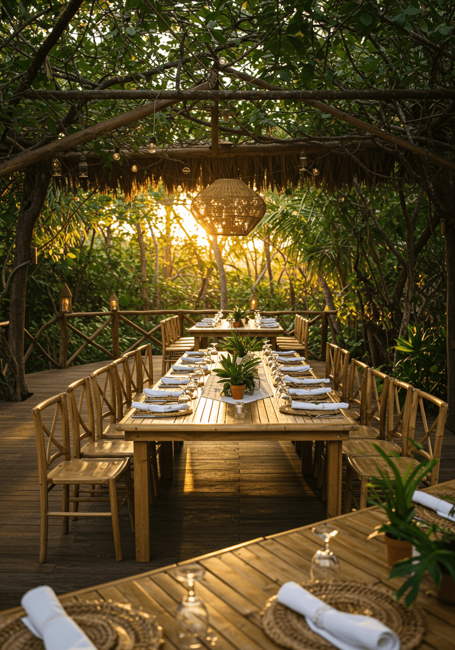 Overhead view of geometric bamboo table layout with tropical vegetation backdrop during golden hour