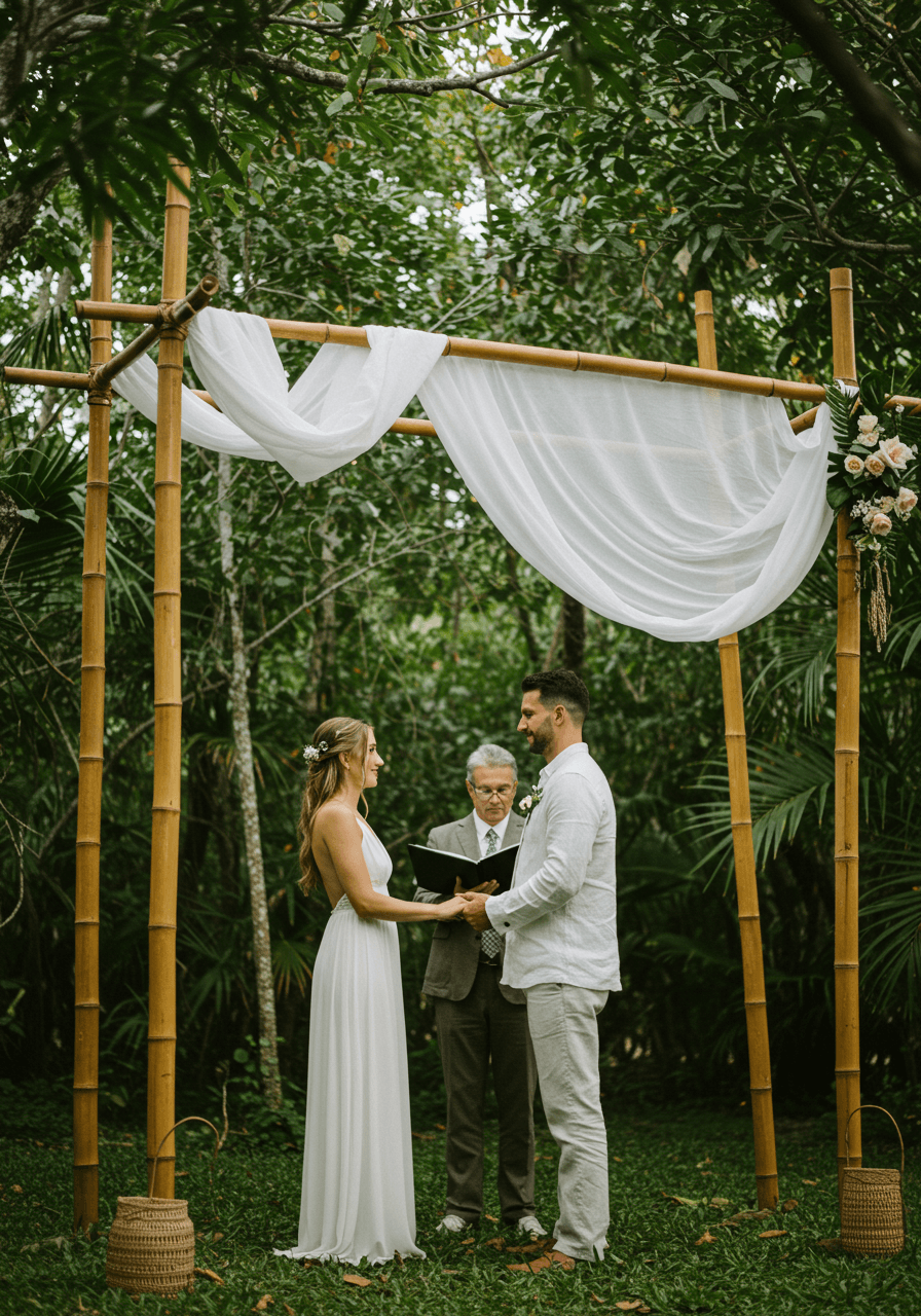 Bride and groom exchanging vows under sleek geometric bamboo wedding arch in Tulum jungle clearing during golden hour