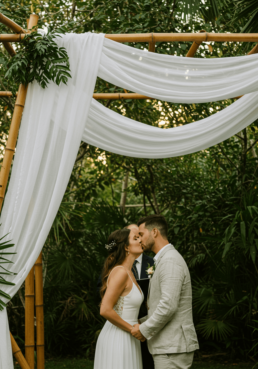 Newlyweds sharing first kiss under minimalist bamboo arch with tropical foliage background