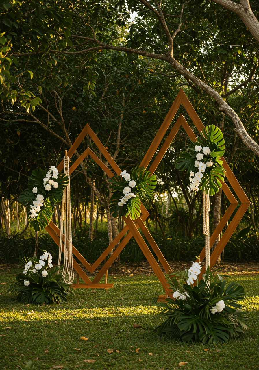 Modern wooden wedding arches with geometric patterns and tropical greenery in lush Tulum jungle clearing