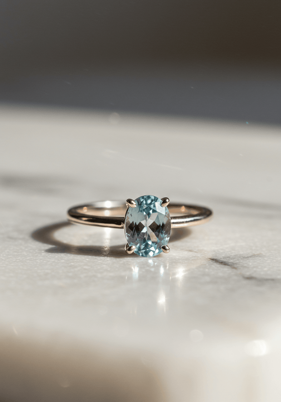 Oval aquamarine engagement ring in white gold on white marble surface
