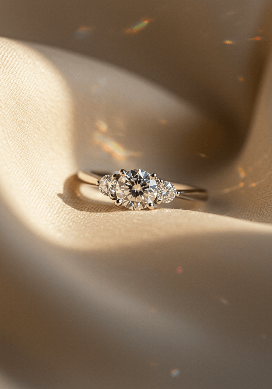 Three-stone diamond engagement ring in white gold on cream silk fabric