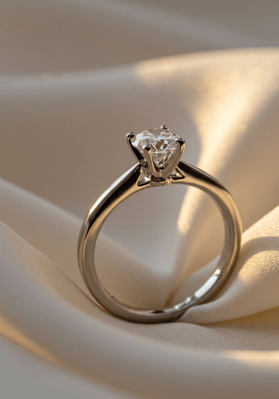 Classic round brilliant diamond solitaire engagement ring on white silk fabric with golden hour lighting