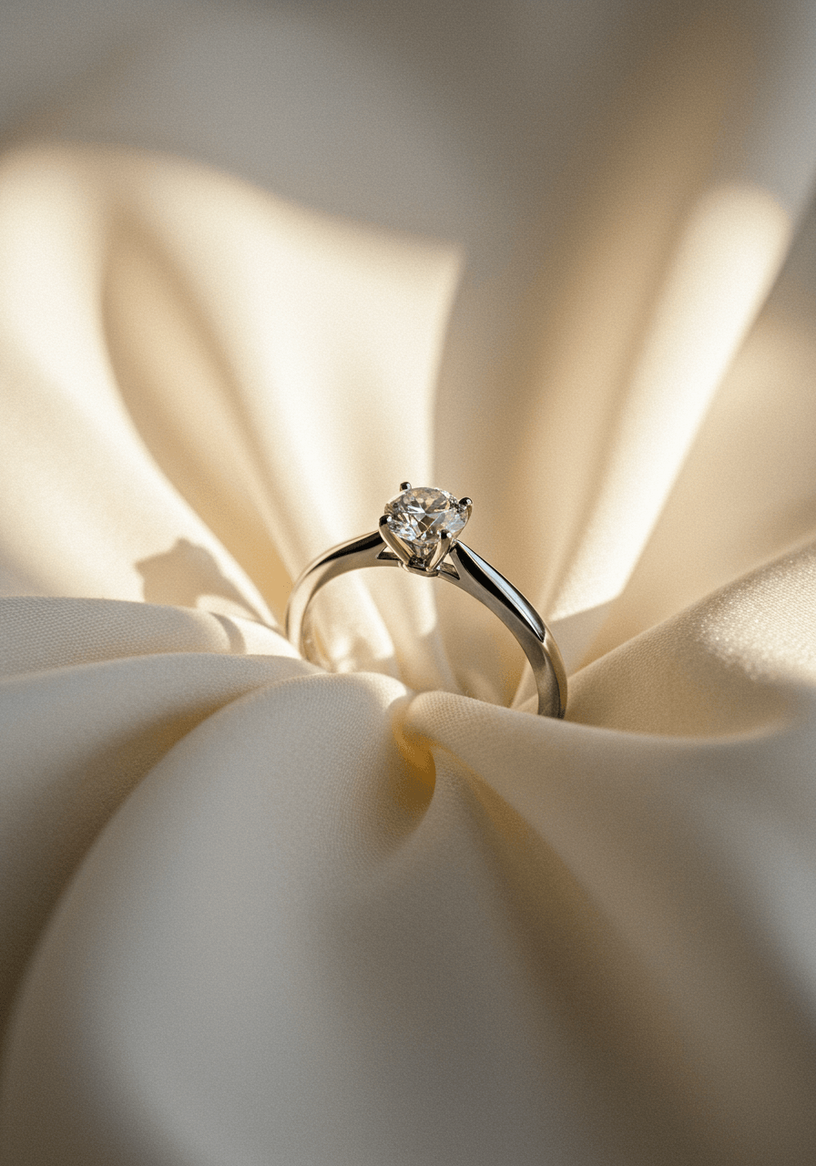 Platinum solitaire engagement ring with round diamond photographed at angle on silk backdrop