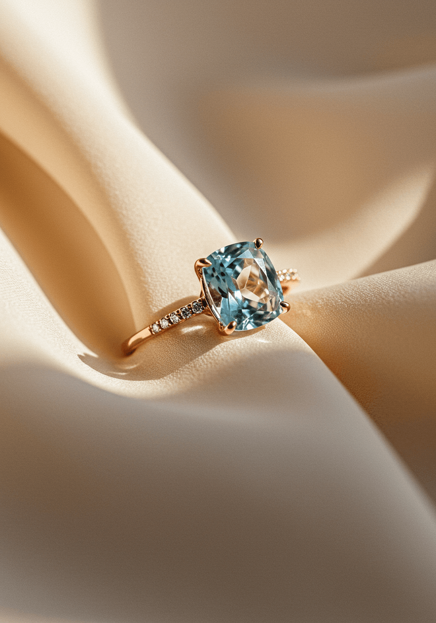 Cushion-cut aquamarine engagement ring with diamond accents on cream silk fabric