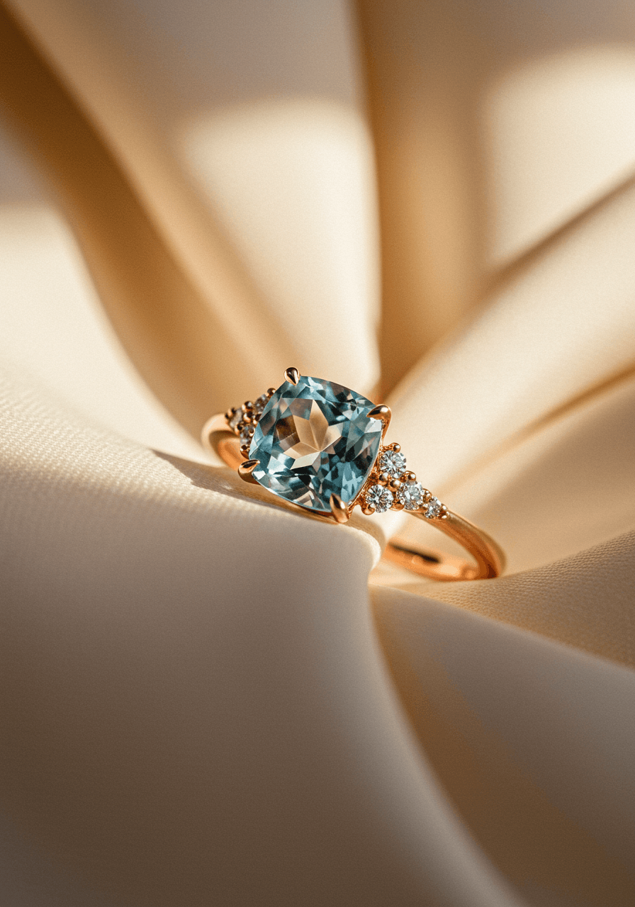 Rose gold aquamarine ring with pavé diamonds in warm golden hour lighting