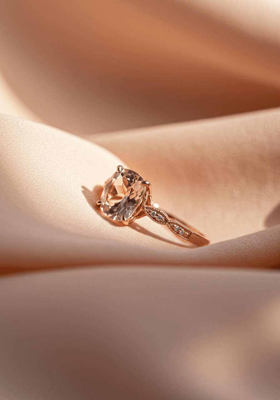 Vintage-inspired morganite engagement ring with milgrain detailing on blush silk