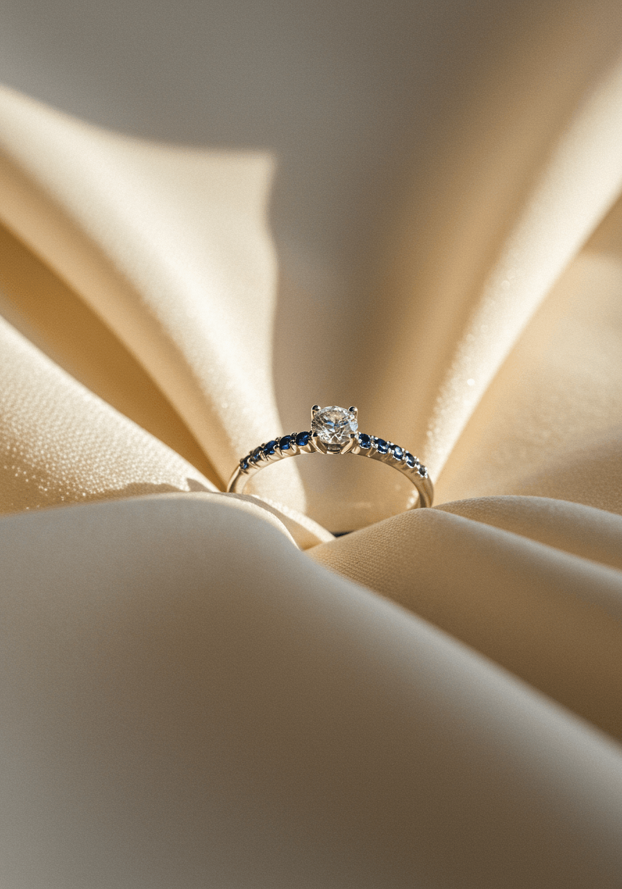 White gold engagement ring featuring subtle sapphire details along the band