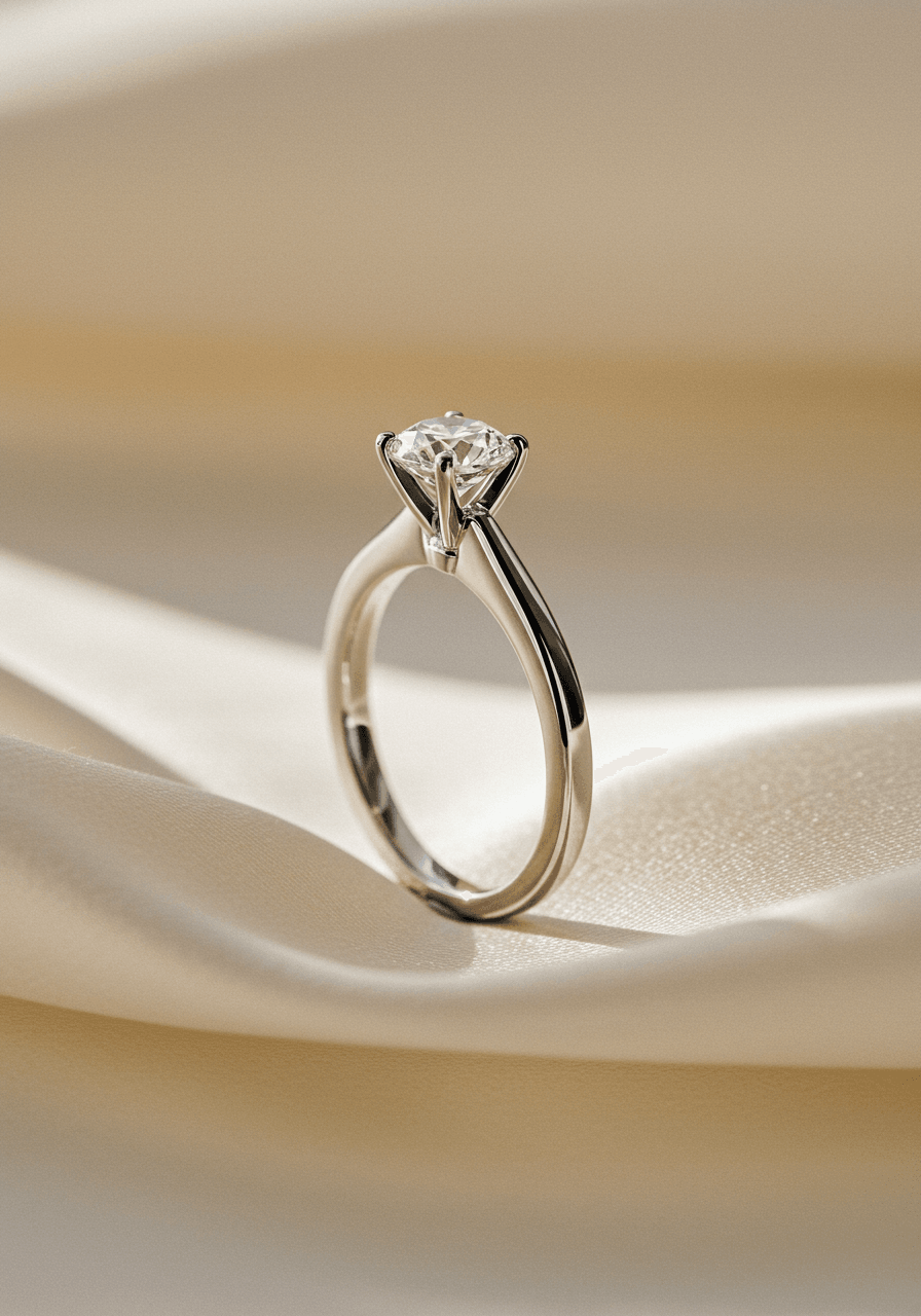 Knife-edge solitaire engagement ring with round diamond on ivory silk fabric