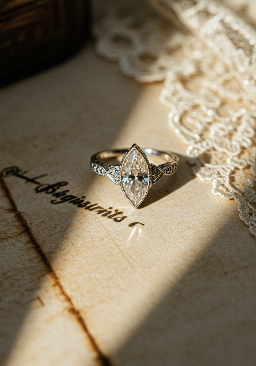 Art Deco-inspired marquise engagement ring photographed with vintage styling elements