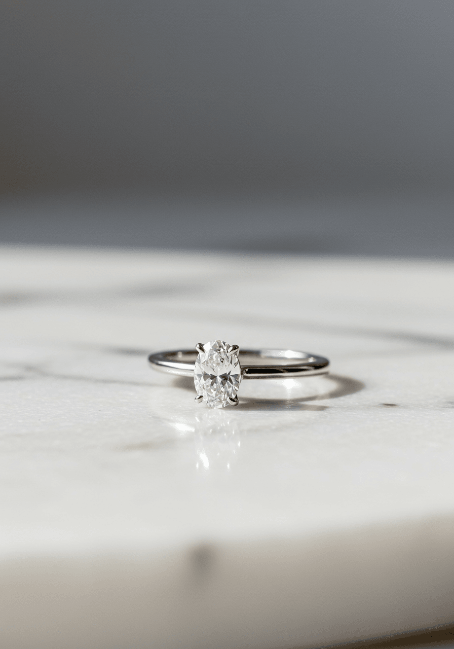 Horizontal oval diamond engagement ring showing modern east-west orientation