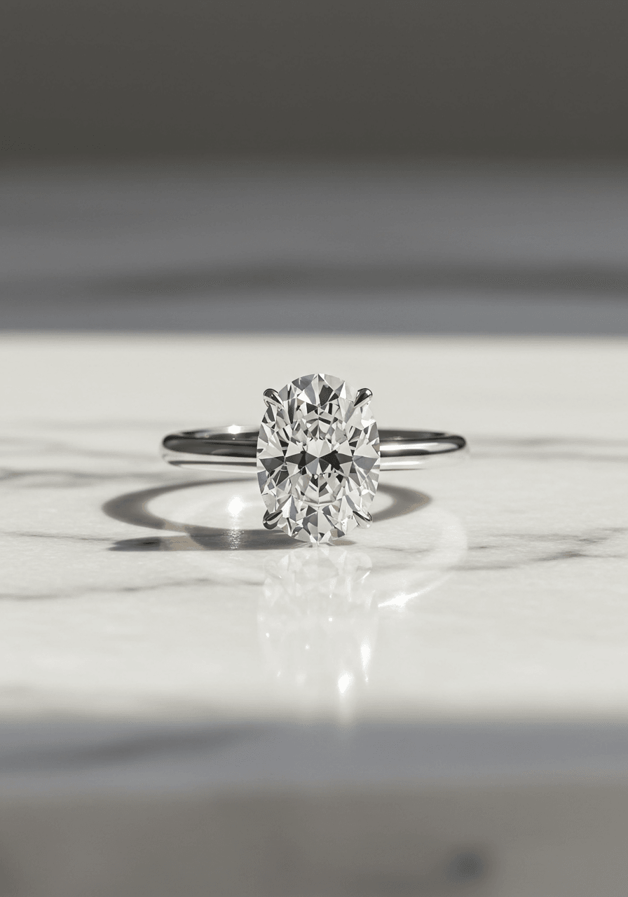 Oval-cut diamond solitaire engagement ring in platinum on white marble studio surface