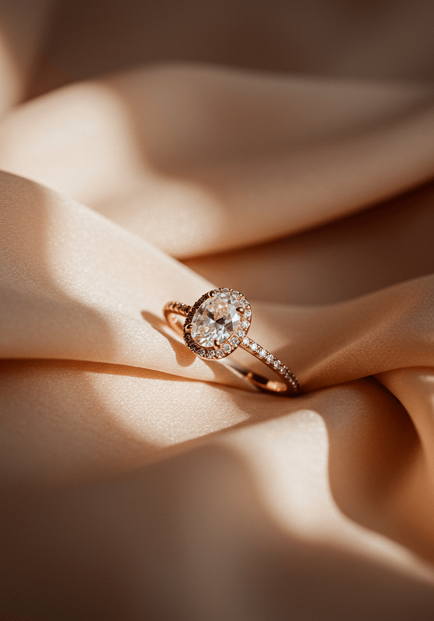 Rose gold oval diamond halo ring photographed from overhead on silk backdrop