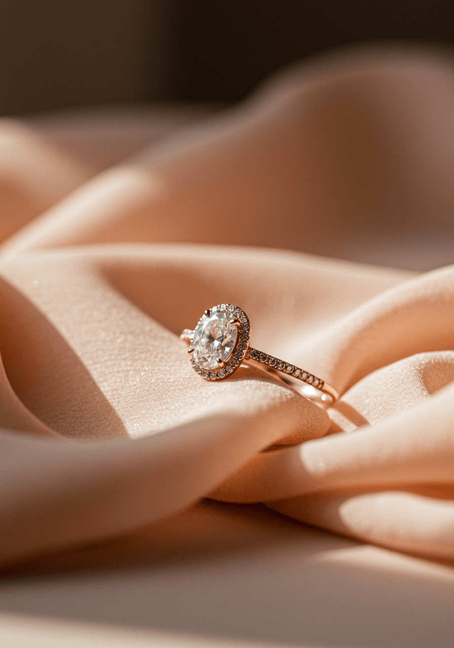 Oval halo engagement ring in rose gold with pavé band on blush silk fabric