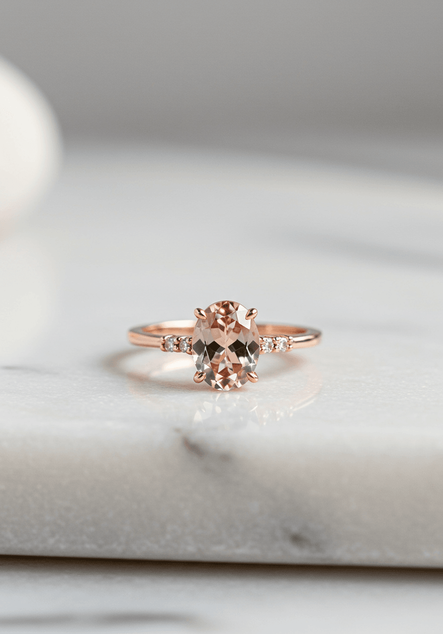 Rose gold morganite ring showing peachy-pink gemstone in natural lighting