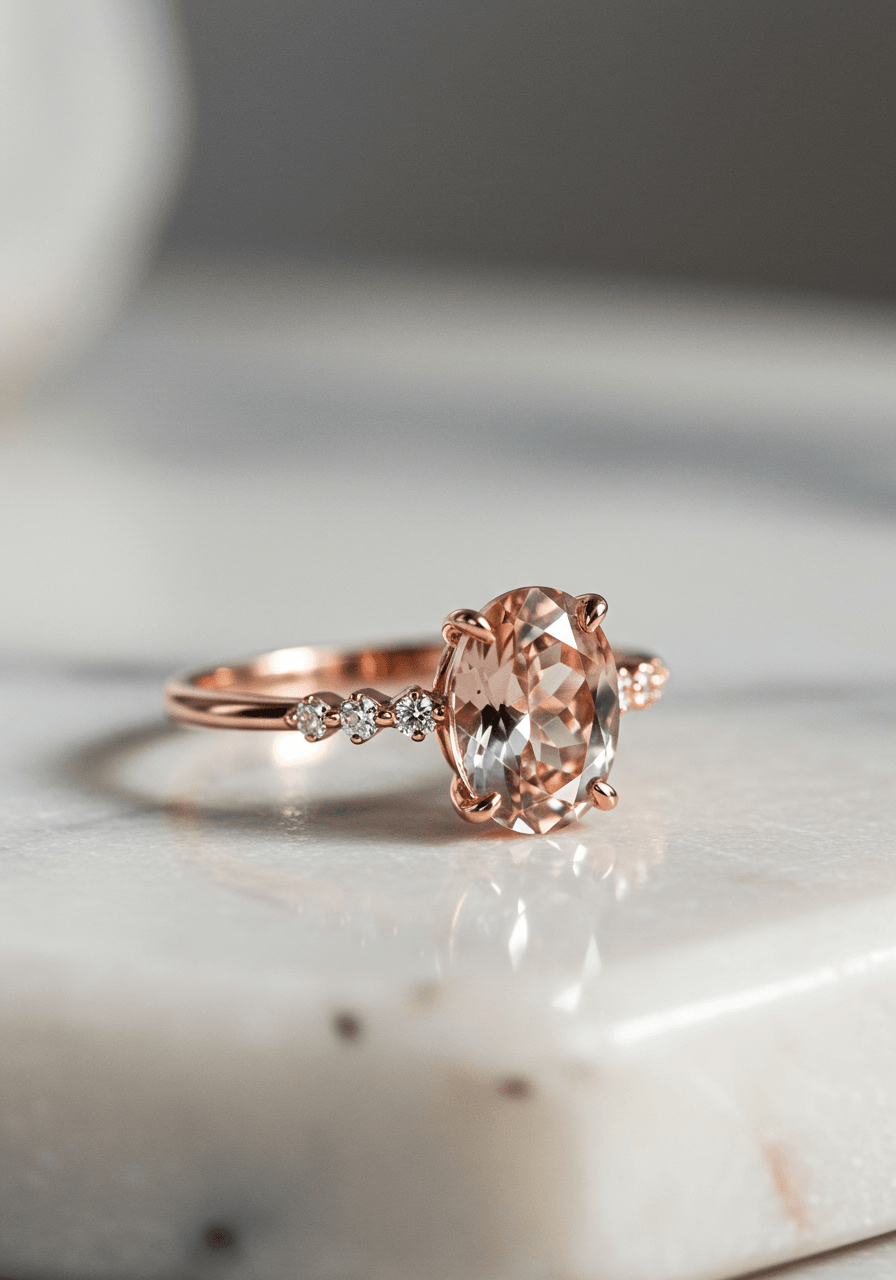Oval morganite engagement ring in rose gold setting on white marble surface