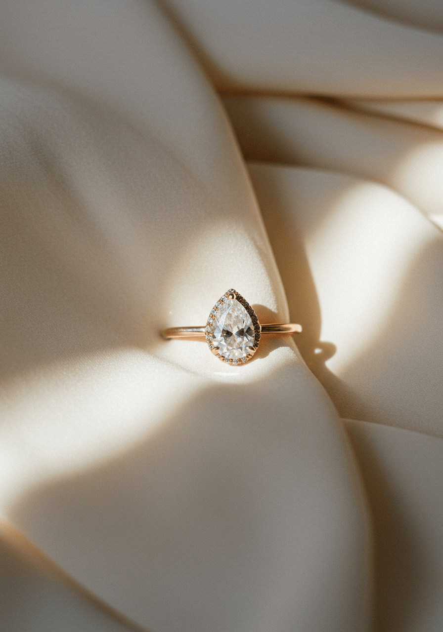 Rose gold pear diamond solitaire ring photographed on silk showing warm reflections