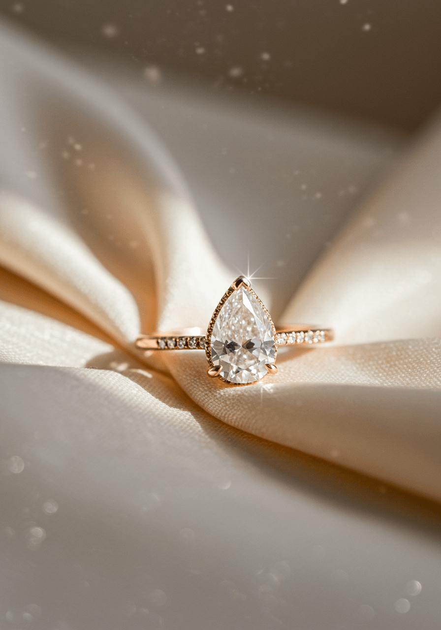 Pear-shaped diamond engagement ring in rose gold setting on ivory silk fabric