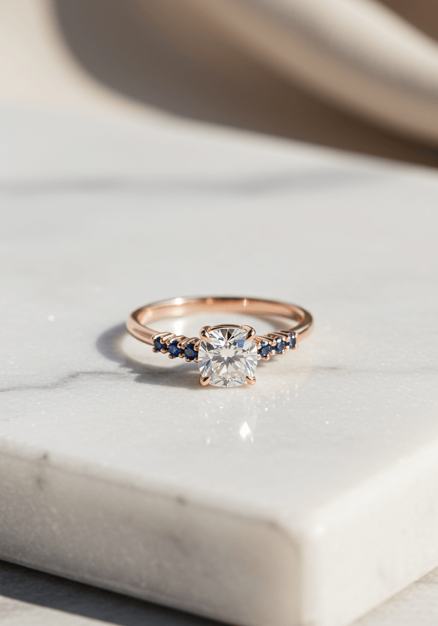 Cushion diamond with sapphire halo ring photographed from overhead showing colour contrast