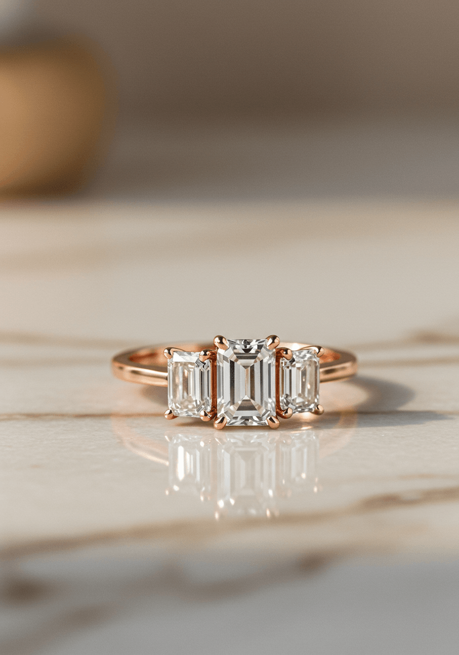Rose gold three-stone ring with graduated emerald-cut diamonds on marble surface