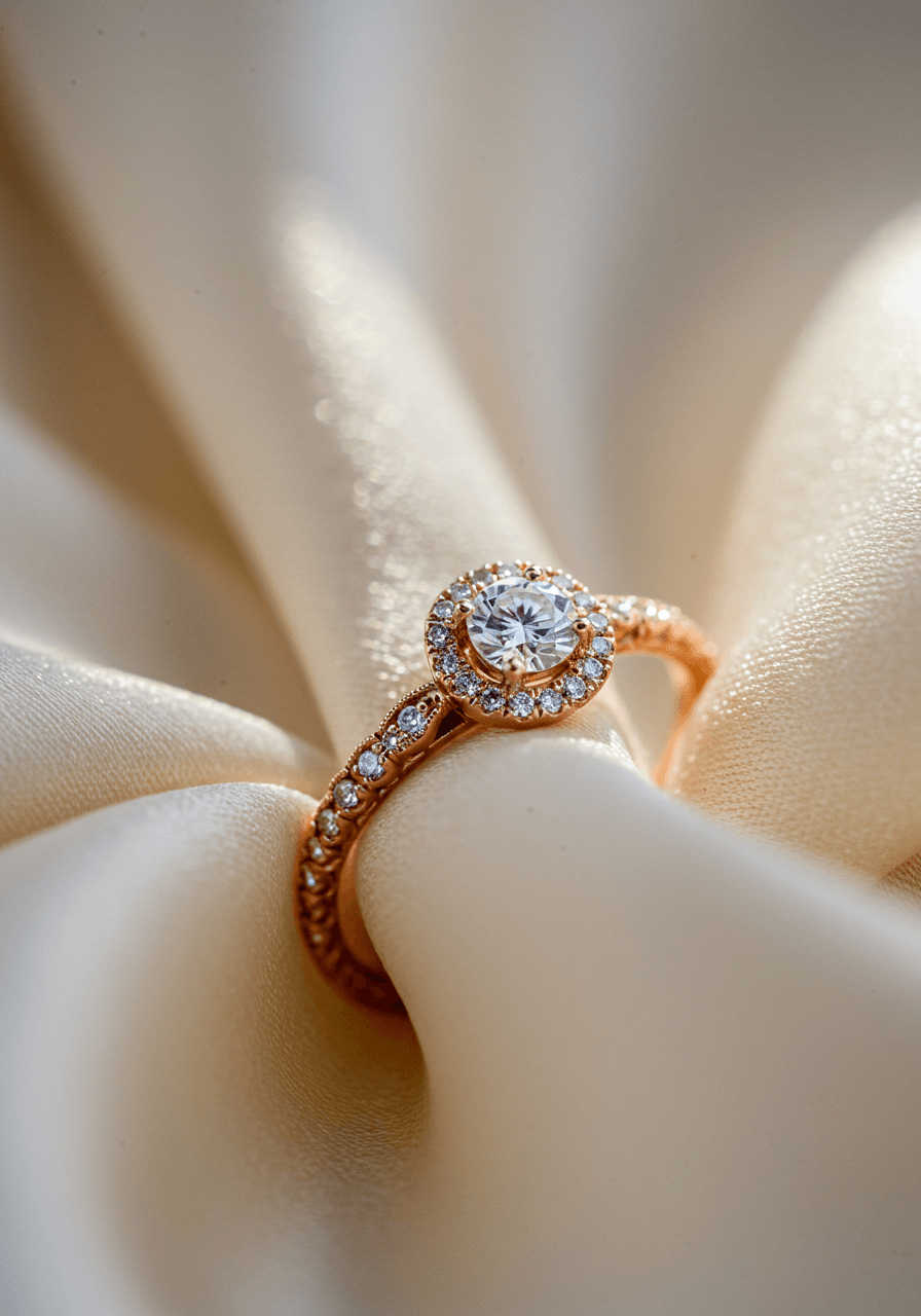 Rose gold engagement ring with milgrain halo detailing on ivory silk fabric
