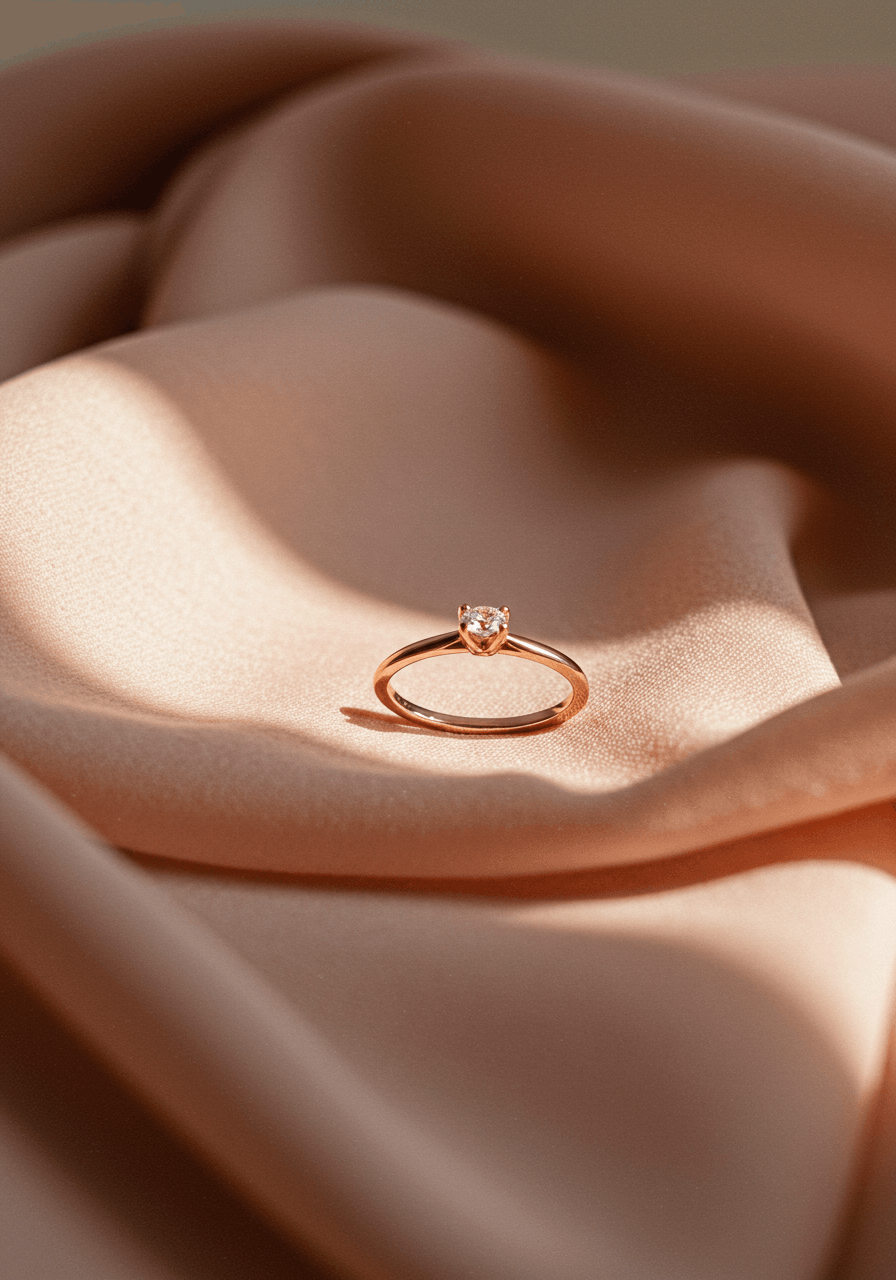 Dainty rose gold diamond engagement ring photographed on silk backdrop showing warm tones