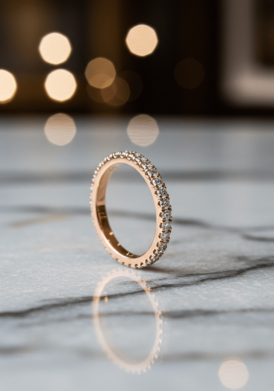 Ultra-thin pavé diamond engagement ring in rose gold positioned on marble surface in boutique setting