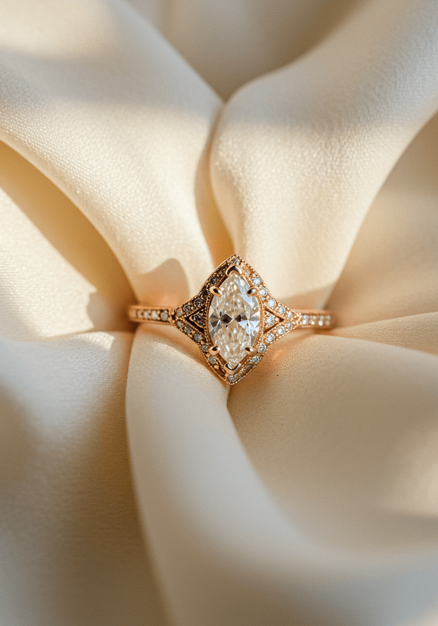 Rose gold marquise ring with filigree detailing photographed on silk fabric