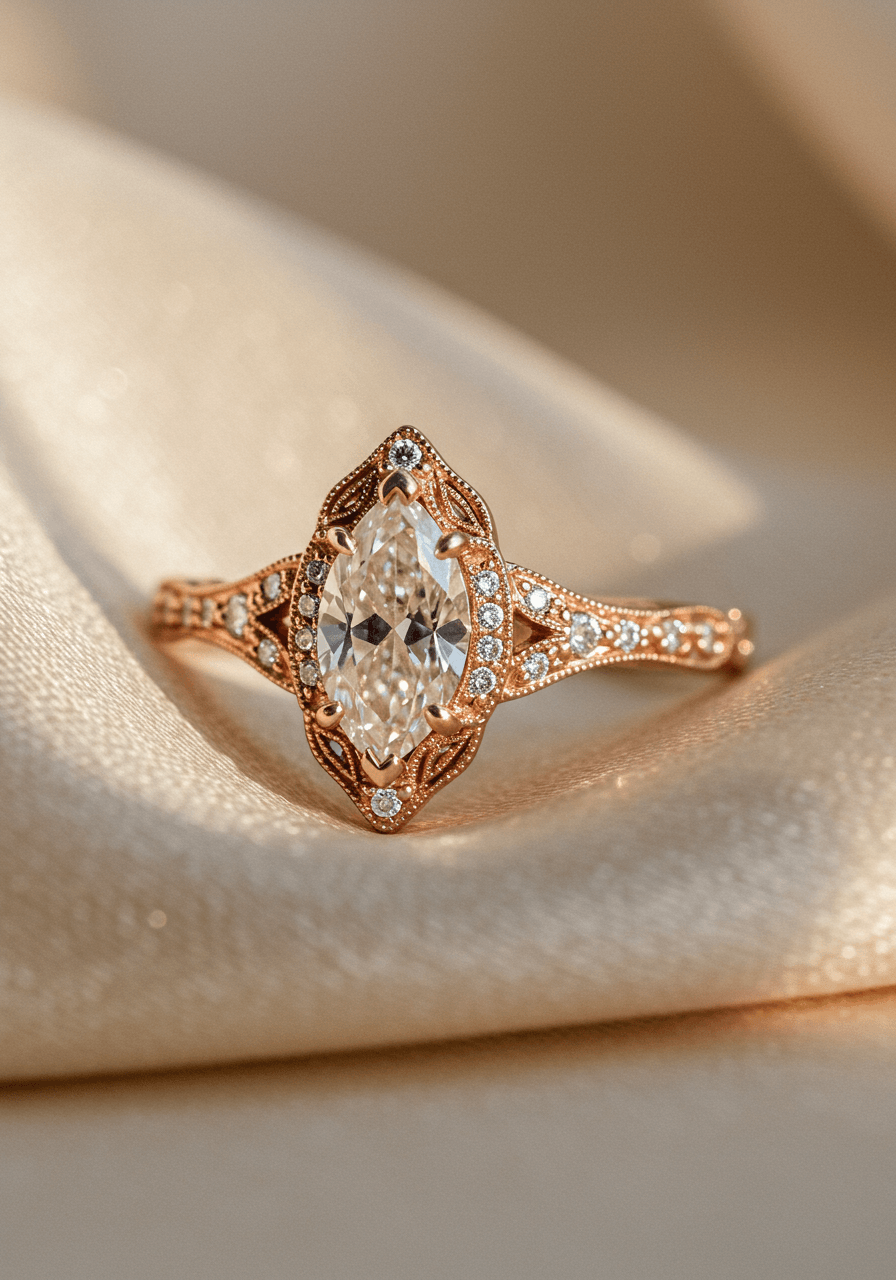 Vintage-inspired marquise diamond engagement ring in rose gold on ivory silk