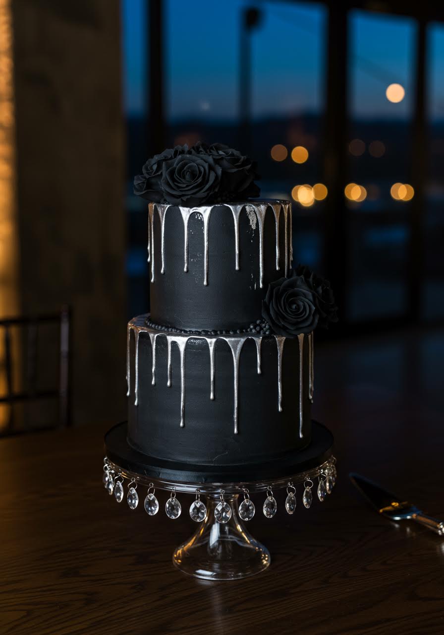Sleek black wedding cake with silver drip details and black sugar roses