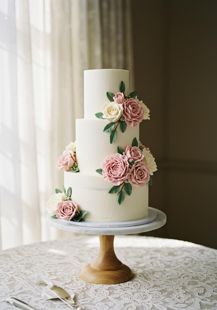 Romantic three-tier blush and ivory wedding cake featuring hand-piped buttercream roses and peonies