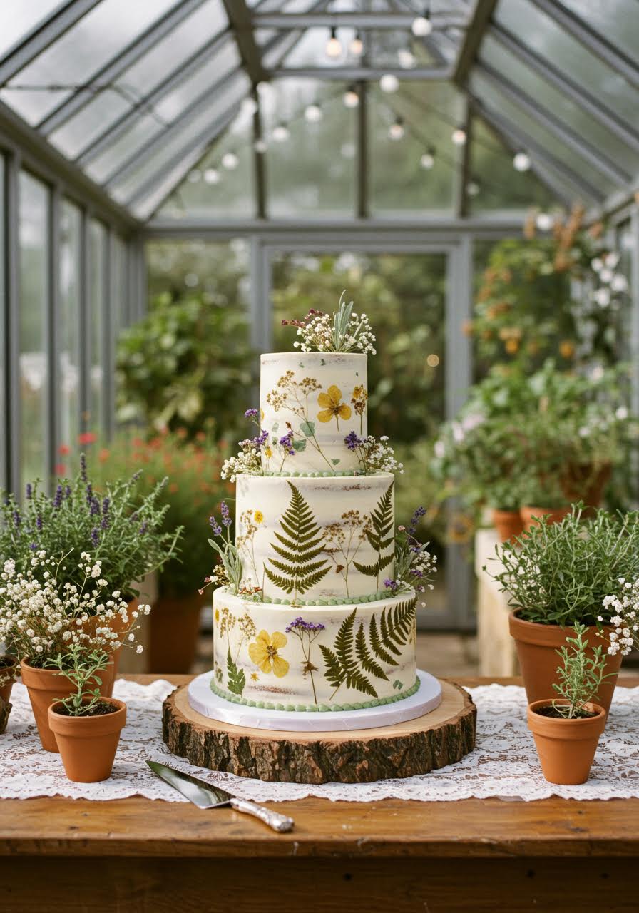 Garden-inspired wedding cake decorated with pressed wildflowers and dried ferns